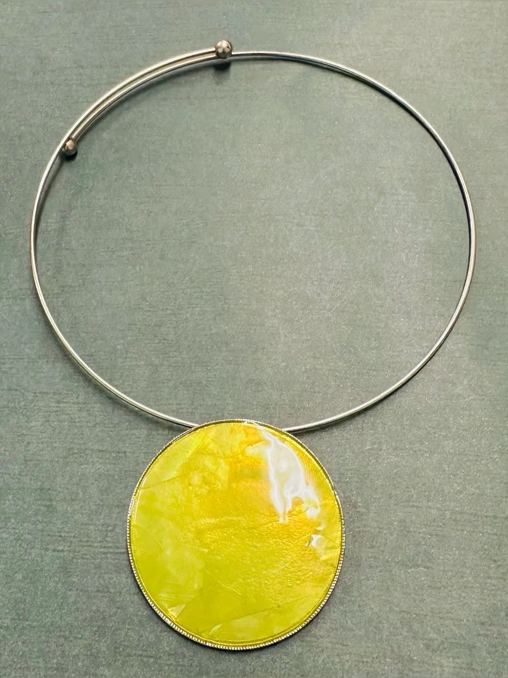 Silver Chartreuse Enameled Circle Pendant On Adjustable Torque B12